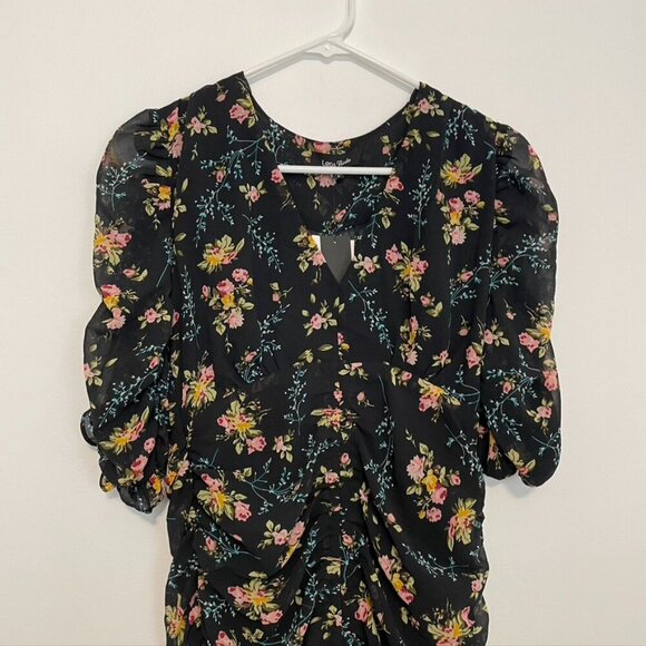 NEW NWT LEA VIOLA Shirred Floral Mini Dress Black Pink Multi Ruched Bodycon S - Picture 4 of 16